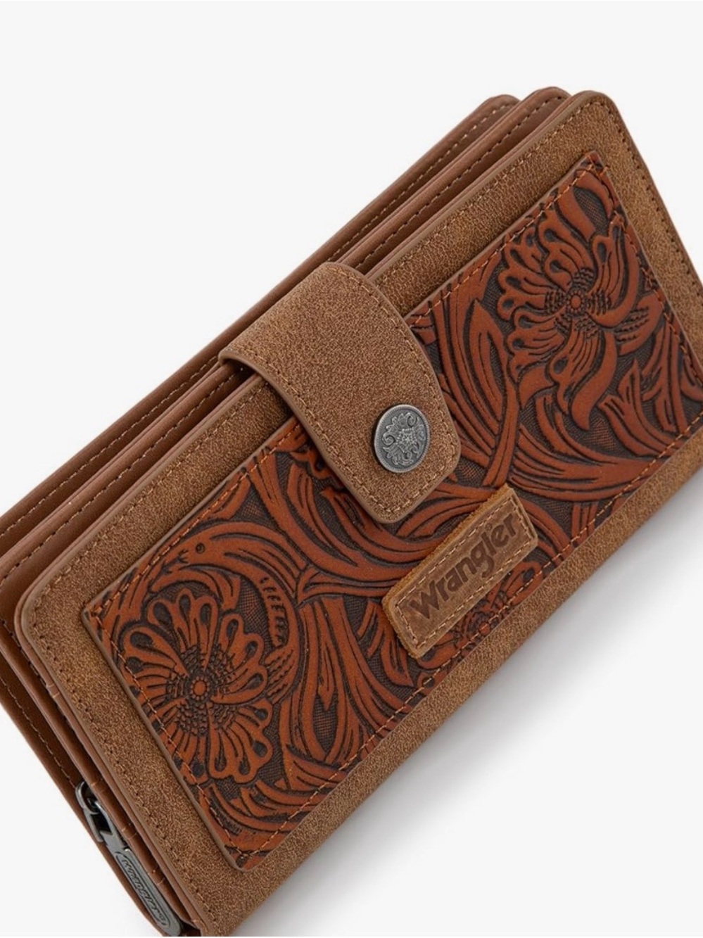 Wrangler Brown Floral Tooled Wallet with Snap Accent - Picture 1 of 8